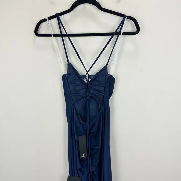 Lulus Iconic Allure Navy Blue Cowl Neck Lace Up Ruched Maxi Dress Stretch XS NWT - Picture 8 of 13